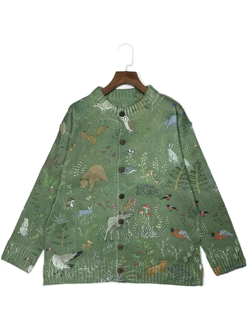 HIYA | Przytulny dzianinowy kardigan z leśnym, naturą inspirowanym wzorem