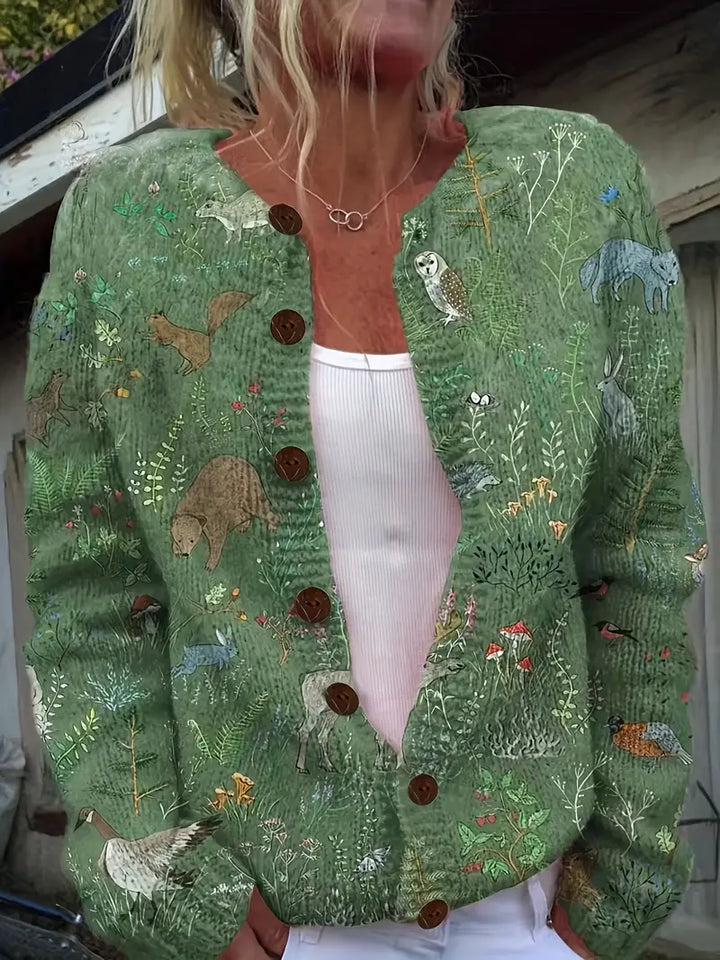HIYA | Przytulny dzianinowy kardigan z leśnym, naturą inspirowanym wzorem