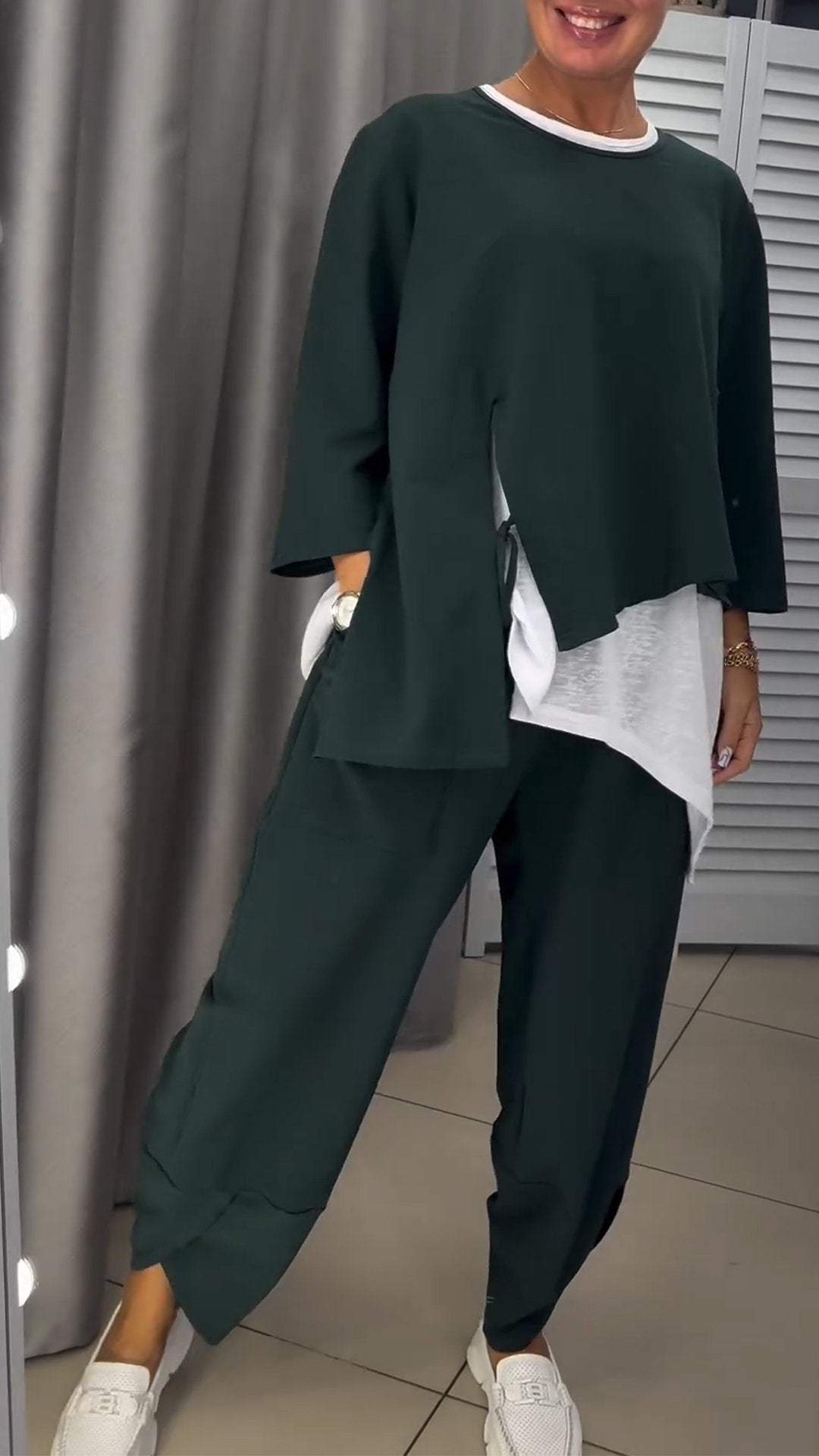 Livia - Komplet damski top i spodnie z okrągłym dekoltem