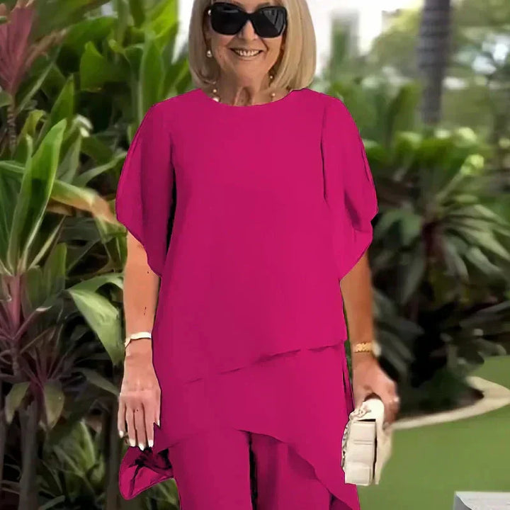 Beata – Elegancki nieregularny komplet top i spodnie